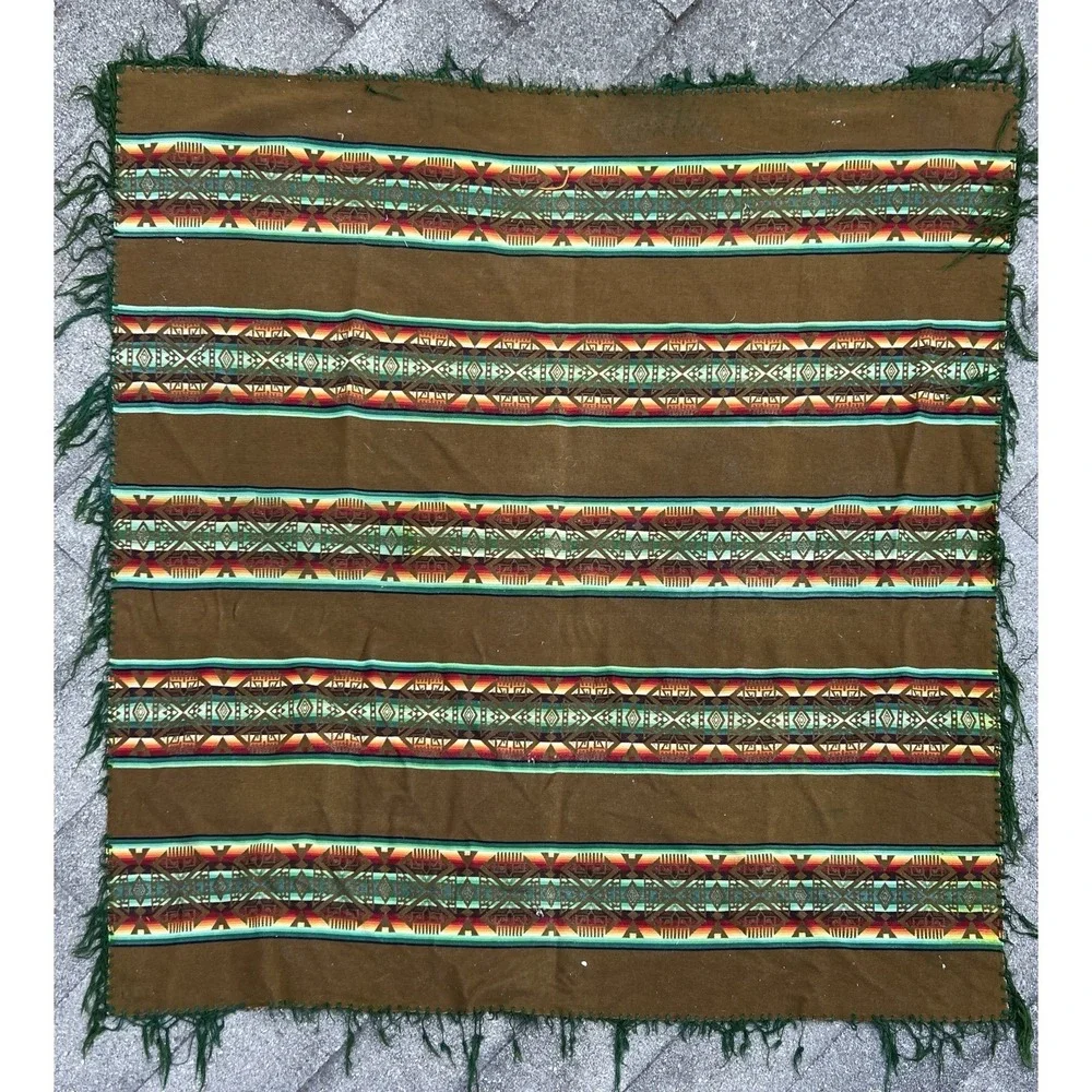 Vintage‎ Pendleton Wool Beaver State Aztec Blanket Throw Shawl Brown Green 60x66